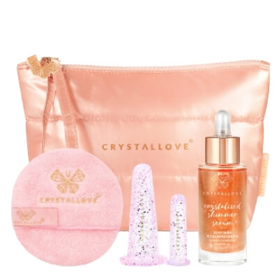 Crystallove Miss Set Pink ZESTAW Serum z kwarcem różowym 30 ml + Bańka do twarzy 1 szt + Bańka pod oczy 1 szt + Wacik kosmetyczny 1 szt + Kosmetyczka 1 szt