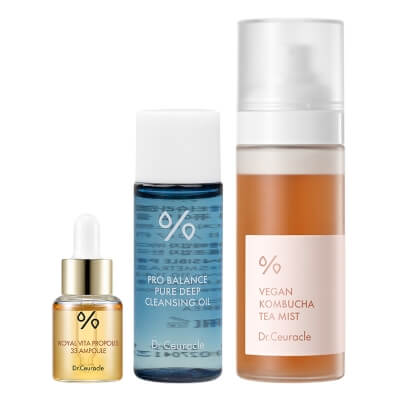 Dr Ceuracle Pure Cleansing Oil + Vegan Kombucha Tea Mist + Royal Vita Propolis 33 Ampoule ZESTAW Olejek myjący 20 ml + Rozświetlająca mgiełka do twarzy 80 ml + Ampułka 15 ml
