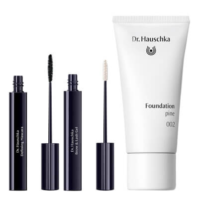 Dr Hauschka Make Up Set ZESTAW Podkład (kolor 002 Pine) 30 ml + Żel do brwi i rzęs 6 ml + Wydłużający tusz do rzęs (kolor Black) 6 ml