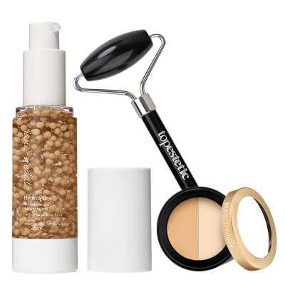 Jane Iredale Circle\\\\Delete Concealer + HydroPure Tinted Serum + Roller Topestetic ZESTAW Korektor pod oczy 2,8 g (kolor Yellow) + Minerały w płynie (kolor Light to Medium 3) 30 ml + Roller obsydian 1 szt