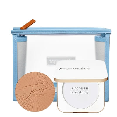 Jane Iredale Refillable Compact WHITE + PureBronze Matte + Kosmetyczka Topestetic ZESTAW Aluminiowa puderniczka do pudru prasowanego (kolor biały) 1 szt + Puder brązujący - Wkład (kolor Light) 9,9 g + Kosmetyczka 1 szt