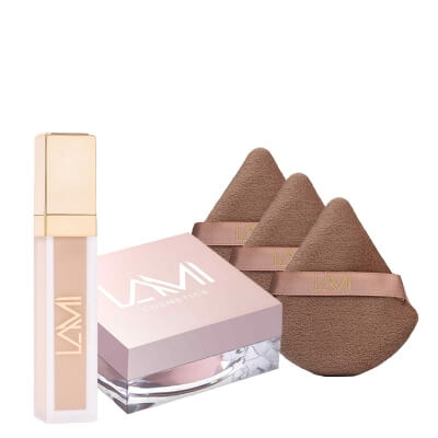 Lami Cosmetics Concealer Porcelain + Eye Powder + Puff x 3 ZESTAW Kremowy korektor pod oczy (kolor Porcelain) 10 ml + Lekki puder pod oczy 8 g + Trójkątny welurowy puszek do pudru 1 szt x 3