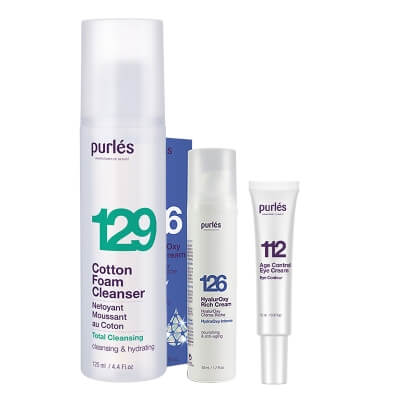 Purles Cotton Foam Cleanser + HyalurOxy Rich Cream + Eye Cream Travel GRATIS ZESTAW Pianka myjąca 125 ml + Bogaty krem hyalurOxy 50 ml + Przeciwzmarszczkowy krem na okolice oczu 10 ml