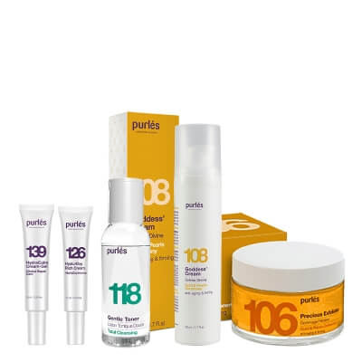 Purles Precious Exfoliator + Goddess Cream + Travel Products ZESTAW Peeling żelowy bogini 50 ml + Krem bogini 50 ml + Tonik 25 ml + Krem-żel 15 ml + Bogaty krem hyalurOxy 15 ml
