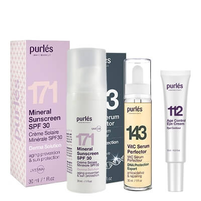 Purles Summer Antioxidant Set + Age Control Eye Cream Travel GRATIS ZESTAW Serum z witaminą C 30 ml + Mineralny filtr przeciwsłoneczny 30 ml + Przeciwzmarszczkowy krem na okolice oczu 10 ml
