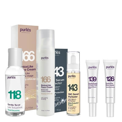 Purles VitC Serum Perfector + BotoxLike Face Cream + Travel Products ZESTAW Serum 30 ml + Liftingujący krem do twarzy 50 ml + Tonik 25 ml + Krem-żel 15 ml + Bogaty krem hyalurOxy 15 ml