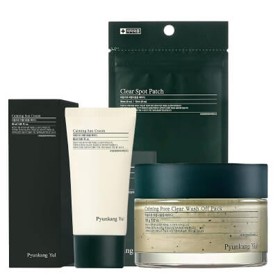 Pyunkang Yul Calming and Clear Set ZESTAW Głęboko oczyszczająca pory, łagodząca i nawilżająca skórę maska 100 ml + Kojący krem z filtrem 50 ml + Cienkie plasterki na wyprys