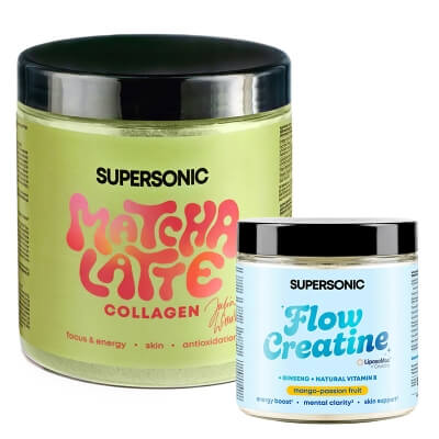 Supersonic Matcha Latte Collagen + Flow Creatine ZESTAW Matcha latte z kolagenem i mleczkiem kokosowym 280 g + Kreatyna liposomalna z żeń-szeniem - mango, marakuja 150 g
