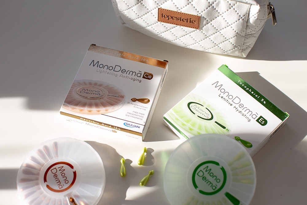 MonoDerma C10 Zawiera czystą witaminę C (kwas l-askorbinowy) w stężeniu 10% - 28 kaps.MonoDerma E5 Zawiera czystą witaminę E (tokoferol) w stężeniu 5% 30 x 0,5 ml