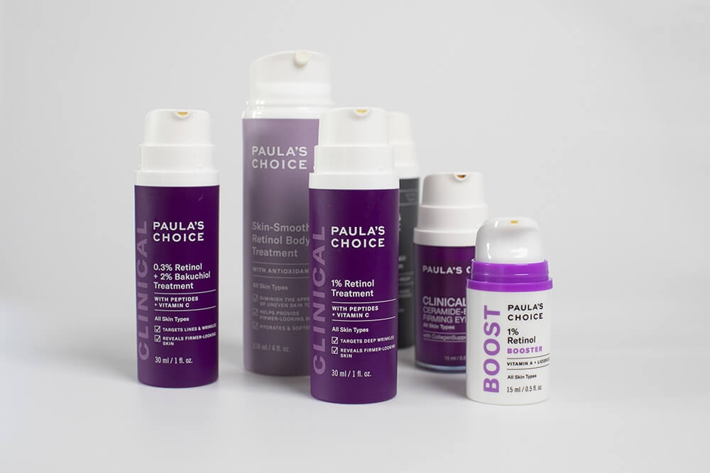 Paulas Choice Resist Retinol Skin Body Treatment Balsam wygładzający do ciała z retinolem 118 mlPaulas Choice 0.3% Retinol + 2% Bakuchiol Treatment Krem z retinolem o potrójnym działaniu przeciwzmarszczkowym 30 mlPaulas Choice Clinical 1% Retinol Treatment Kuracja przeciwstarzeniowa 1% retinolu 30 mlPaulas Choice Clinical Ceramide Enriched Firming Eye Cream Odżywczy i ujędrniający krem z ceramidami pod oczy 15 mlPaulas Choice 1% Retinol Booster Intensywna kuracja przeciwstarzeniowa z retinolem 15 ml