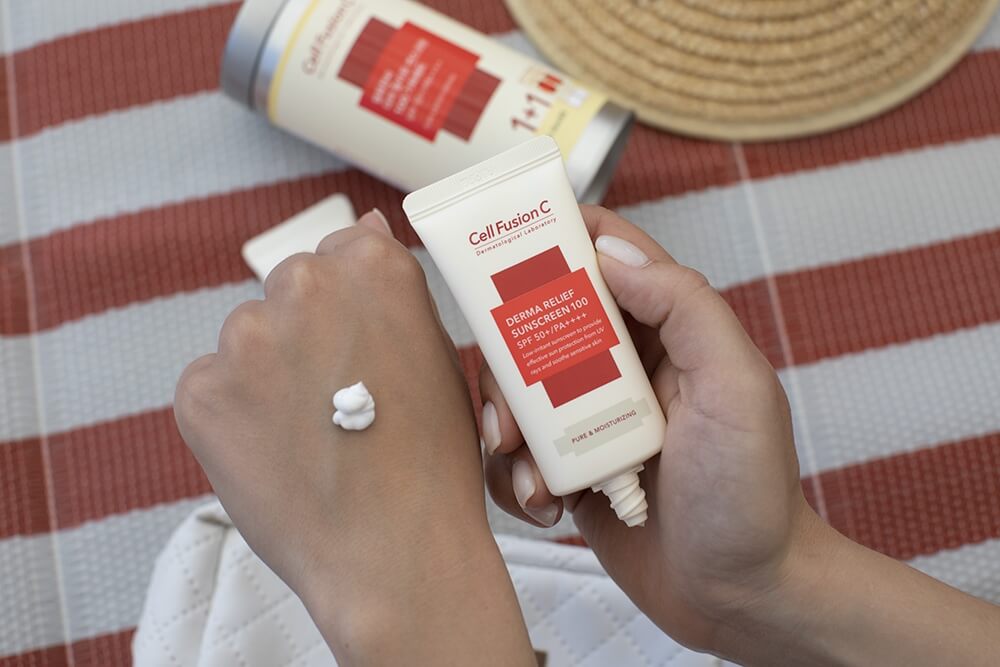 Cell Fusion C Derma Relief Sunscreen 100 SPF 50+/PA ++++ ZESTAW Krem nawilżający z wysoką ochroną przeciwsłoneczną dla całej rodziny 2 x 35 ml