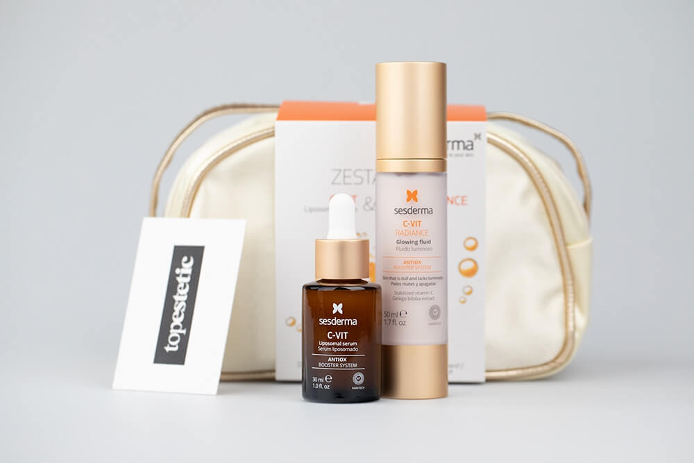 Sesderma C-VIT Set ZESTAW Serum liposomowe 30 ml + Krem rozświetlający 50 ml + Kosmetyczka Złota 1 szt