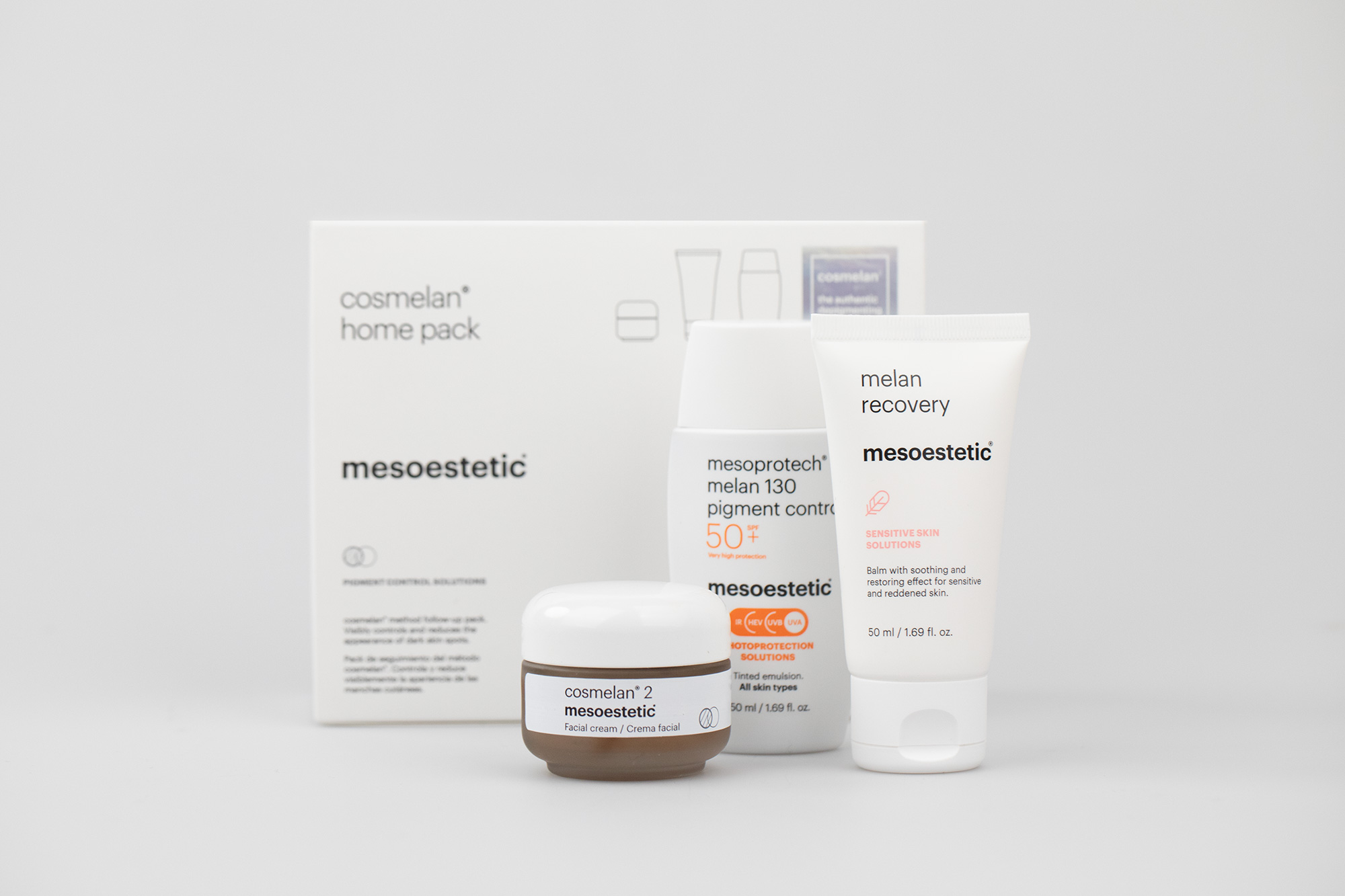 Mesoestetic Cosmelan Home Pack ZESTAW Krem na przebarwienia 30 g + Krem o silnych właściwościach natłuszczających oraz nawilżających 50 ml + Fluid koloryzujacy SPF50+ 50 m