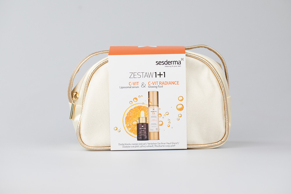 Sesderma C-VIT Set ZESTAW Serum liposomowe 30 ml + Krem rozświetlający 50 ml + Kosmetyczka Złota 1 szt
