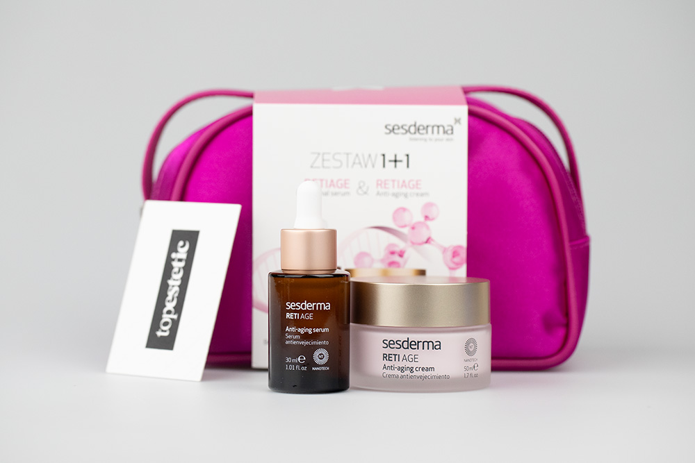Sesderma Reti Age Cream + Reti Age Serum ZESTAW Krem przeciwzmarszczkowy 50 ml + Serum przeciwzmarszczkowe 30 ml + Kosmetyczka