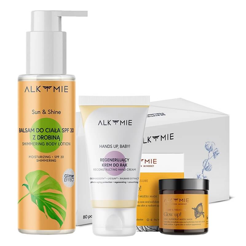 Alkmie Glow Up ZESTAW Balsam do ciała 100 ml + Peeling-maska 60 ml + Krem do dłoni 50 ml + Jednorazowe ręczniki 80 szt