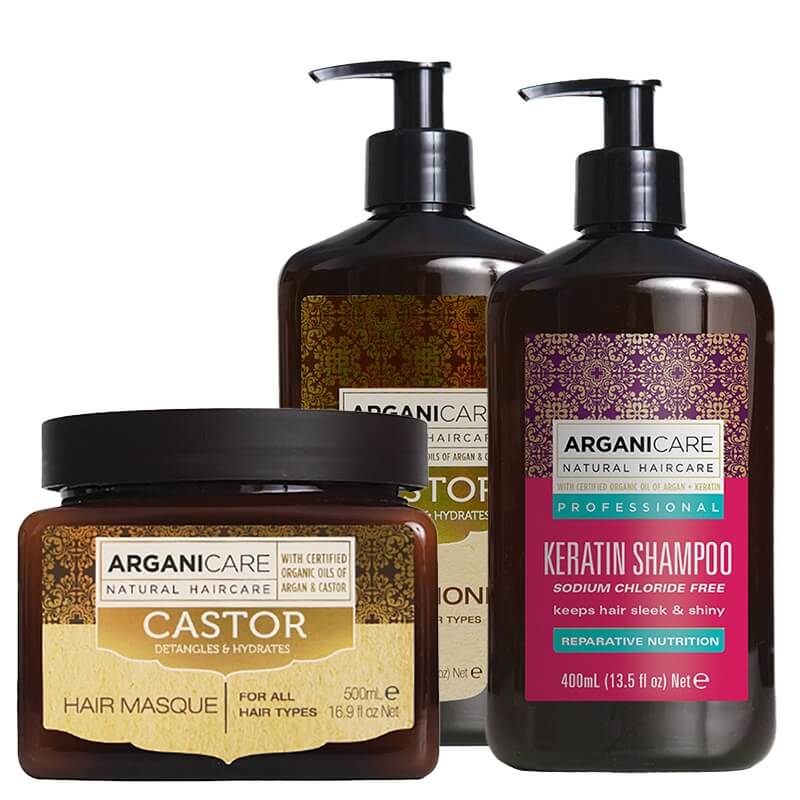 Arganicare Keratin + Castor ZESTAW Szampon 400 ml + Odżywka 400 ml + Maska 500 ml