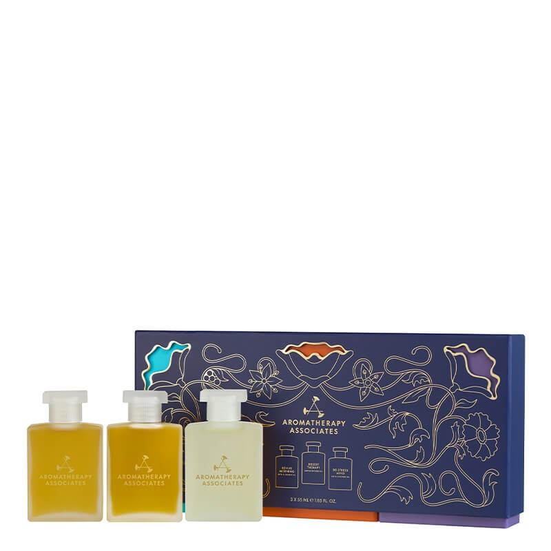 Aromatherapy Associates A Gift Of Wellbeing ZESTAW Poranny radosny olejek 55 ml + Odstresowujący olejek 55 ml + Uziemiający i wyciszający olejek 55 ml
