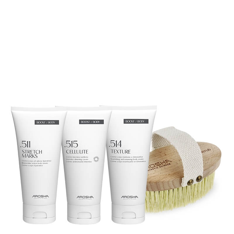 Arosha Body Renewal Ritual ZESTAW Krem na rozstępy 200 ml + Nocna kuracja wyszczuplająca 200 ml + Krem do ciała 200 ml + S zczotka do ciała 1 szt