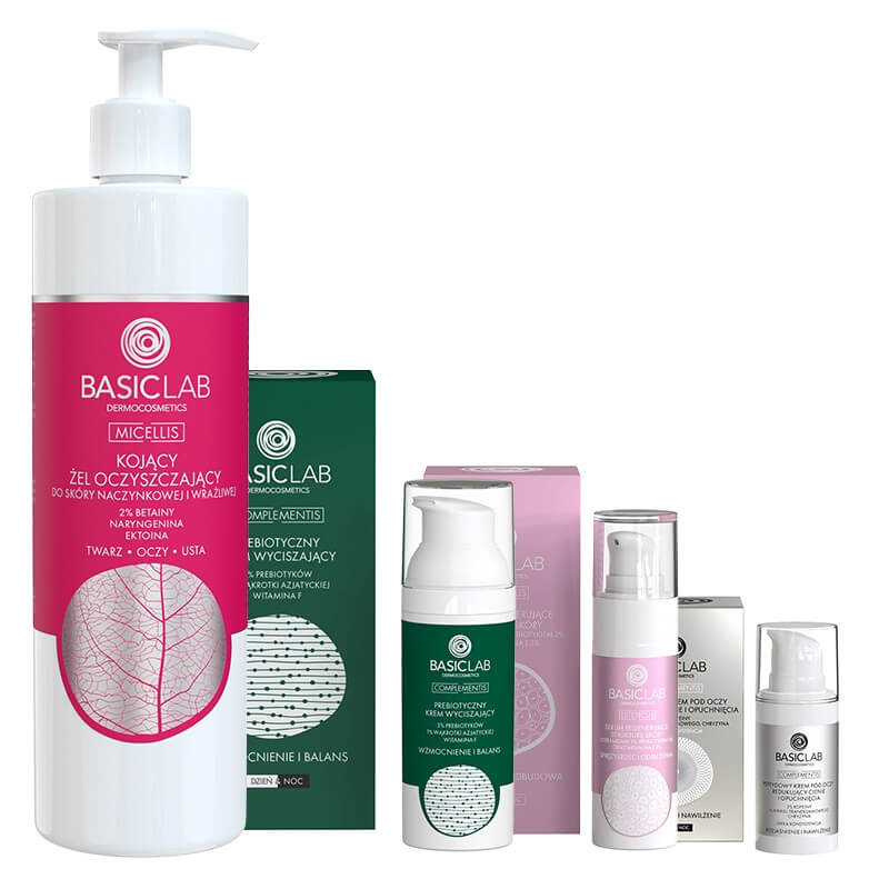 BasicLab Skin Recovery ZESTAW Żel oczyszczający 300 ml + Serum regenerujące 30 ml + Prebiotyczny krem wyciszający 50 ml + Krem pod oczy 15 ml