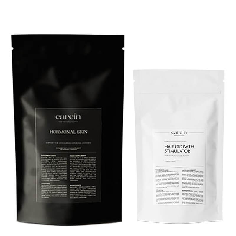 Carein Hormonal Skin - Refill + Hair Growth Stimulator - Refill ZESTAW Kuracja 30 dni Gładka skóra bez trądziku hormonalnego - uzupełnienie 120 kaps + Telogenowe wypadanie włosów - uzupełnienie 90 kaps