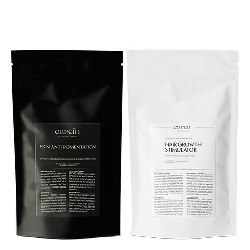 Carein Skin Anti Pigmentation - Refill + Hair Growth Stimulator - Refill ZESTAW Kuracja 30 dni Jednolita skóra bez przebarwień - uzupełnienie 60 kaps + Telogenowe wypadanie włosów - uzupełnienie 90 kaps