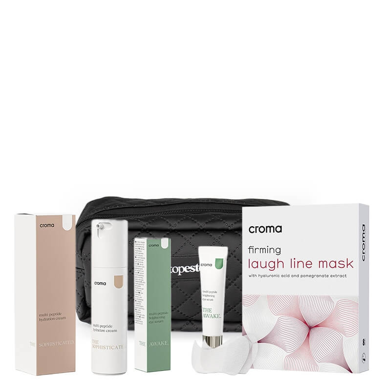 Croma PEPTIDE AGE CARE ZESTAW Ujędrniająca maska 8 szt. + Multi-peptydowy krem nawilżający 50 ml + Serum pod oczy 15 ml + Kosmetyczka 1 szt