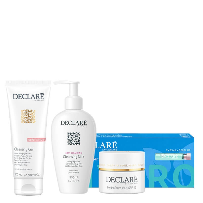 Declare Comfort Skin Ritual ZESTAW Żel oczyszczający 200 ml + Wzbogacone mleczko 200 ml + Krem nawilżający Plus SPF 15 50 ml + Ampułki nawilżające 7x2,5 ml