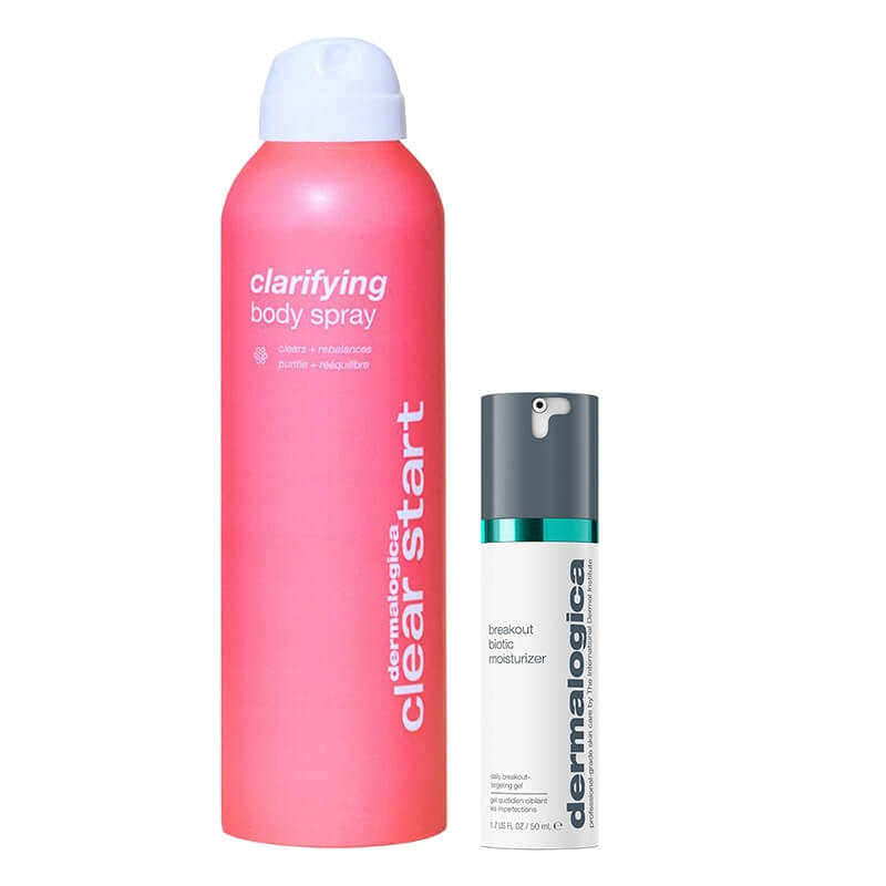 Dermalogica Clarifying Body Spray + Breakout Biotic Moisturizer ZESTAW Spray do ciała na stany zapalne 177 ml + Lekki żelowy krem nawilżający zwalczający objawy trądziku osób dorosłych 50 ml