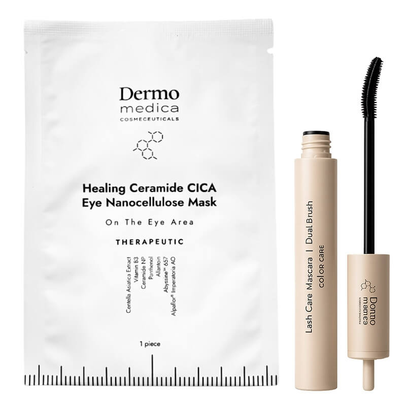 Dermomedica Lash Care Mascara + Healing Ceramide Cica Eye Nanocellulose Mask ZESTAW Tusz do rzęs z elastyczną szczoteczką modelującą (kolor Black) 9,2 ml + Nanocelulozowa maska terapeutyczna na okolicę oczu 1 szt