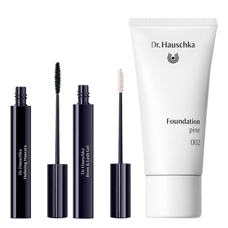 Dr Hauschka Make Up Set ZESTAW Podkład (kolor 002 Pine) 30 ml + Żel do brwi i rzęs 6 ml + Wydłużający tusz do rzęs (kolor Black) 6 ml