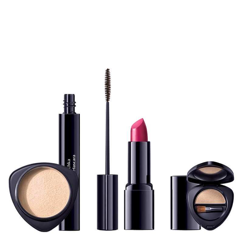 Dr Hauschka Make Up Set ZESTAW Puder sypki 12 g + Pogrubiający tusz do rzęs 6 ml + Cienie pojedyncze 1,4 g + pomadka 4,1 g
