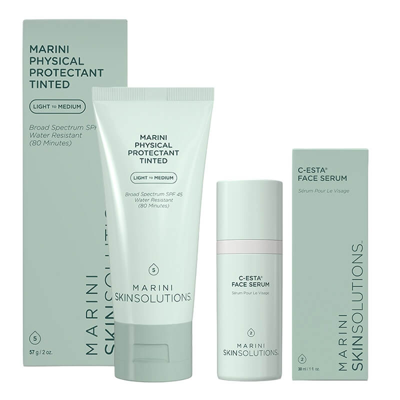 Marini SkinSolutions Codzienna Pielęgnacja Rozświetlająca ZESTAW Serum do twarzy z witaminą C i DMAE 30 ml + Krem ochronny koloryzujący, 57 g