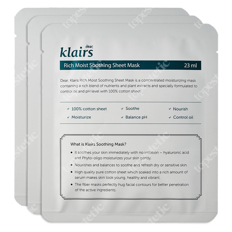 Klairs Rich Moist Soothing Mask Regenerująca, nasączona wygładzającym serum bawełniana maska 3x23 ml