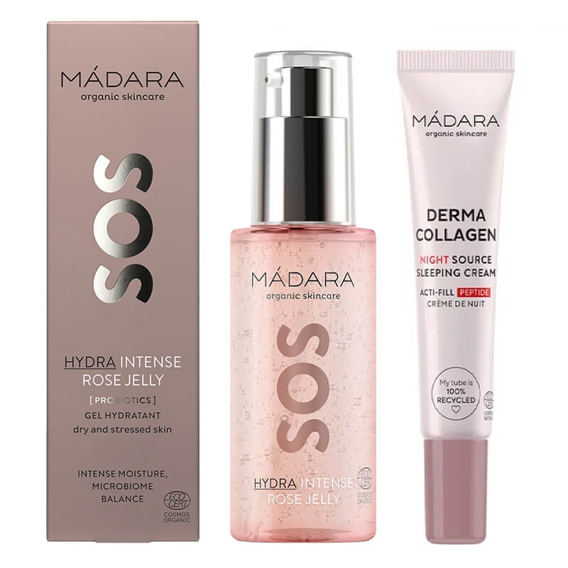 Madara SOS Hydra Intense Rose Jelly + Derma Collagen Night Source ZESTAW Różany żel intensywnie nawilżający 75 ml + Krem na noc 15 ml