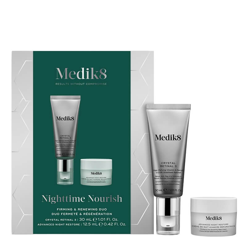 Medik8 Nighttime Nourish ZESTAW Stabilne serum na noc o średniej mocy z aldehydem retinowym 30 ml + Odbudowujący krem naprawczy na noc 12,5 ml
