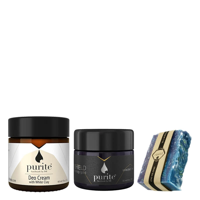 Purite Dead Sea Salt Soap + Cream Deodorant + Selected Day Shield Cream ZESTAW Mydło w kostce - Sól z Morza Martwego 100 g + Dezodorant w kremie z białą glinką francuską 60 ml + Krem na dzień 50 ml