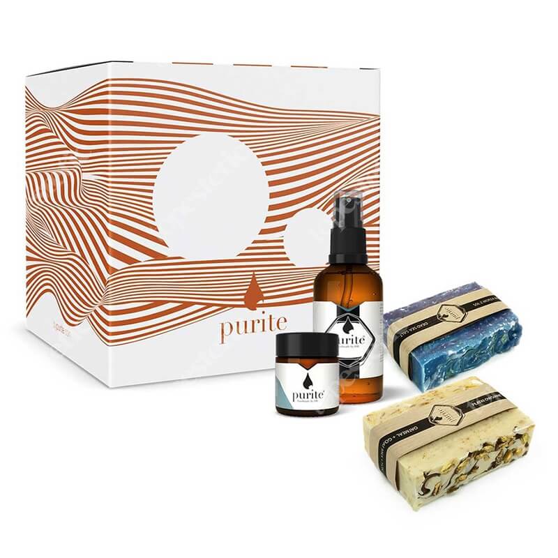 Purite Gift Set Moisturizing ZESTAW Lekki krem 30 ml + Tonik ujędrniająco-łagodzący 50 ml + Mydło - Płatki owsiane 100 g + Mydło - Sól z Morza Martwego 100 g