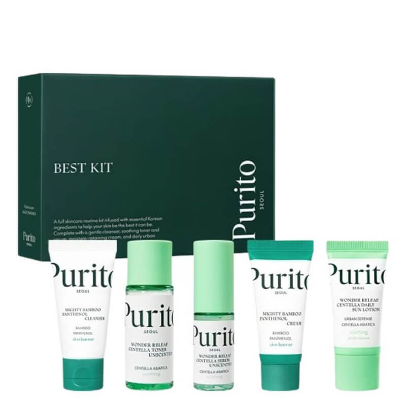 Purito Seoul Seoul Best Kit ZESTAW Żel do mycia twarzy 30 ml + Toner 30 ml + Serum 15 ml + Regenerujący krem 15 ml + Krem przeciwsłoneczny 15 ml