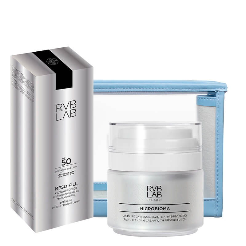 RVB LAB Make Up Pielęgnacja Liftingujaco - Nawilżająca ZESTAW Liftingujący krem na przebarwienia 50 ml + Bogaty krem z pre-biotykami 50 ml + Kosmetyczka 1 szt