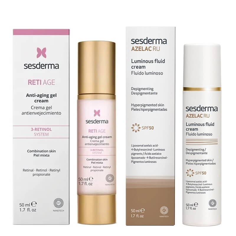 Sesderma Azelac RU Luminous Fluid Cream + Reti Age Anti-Aging Gel Cream ZESTAW Emulsja rozświetlająca SPF 50 50 ml + Krem-żel przeciwstarzeniowy 50 ml