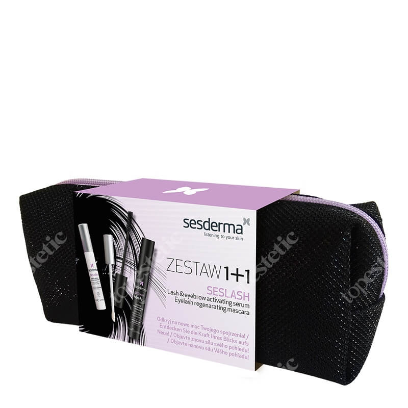 Sesderma Seslash + Seslash Black ZESTAW Serum aktywujące wzrost rzęs i brwi 5 ml + Regenerujący tusz do rzęs 5 ml + Kosmetyczka czarna 1 szt