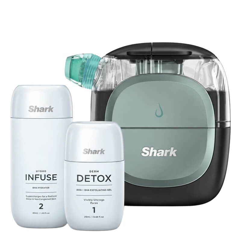 SharkBeauty Shark FacialPro Glow Black + Hydro Infuse + Derm Detox ZESTAW Urządzenie do eksfoliacji i głębokiego nawilżania z terapią kontrastową 1 szt + Preparat nawilżający 80 ml + Żel złuszczający 20 ml