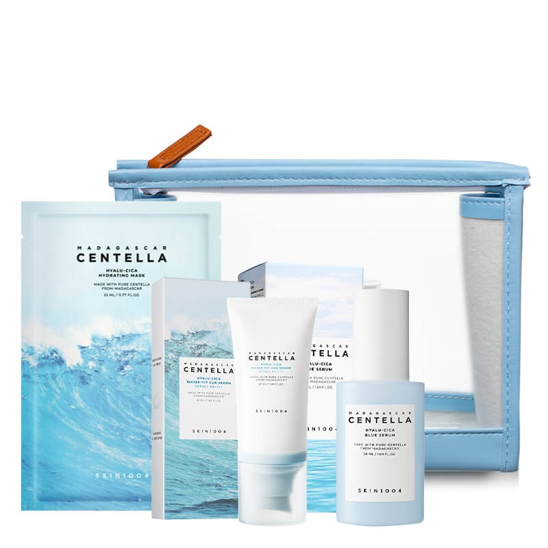 Skin1004 Madagascar Centella Hyalu-Cica Hydrating Set ZESTAW Maska w płachcie 23 ml + Serum 50 ml + Krem SPF 50+ PA++++ 50 ml + Kosmetyczka 1 szt