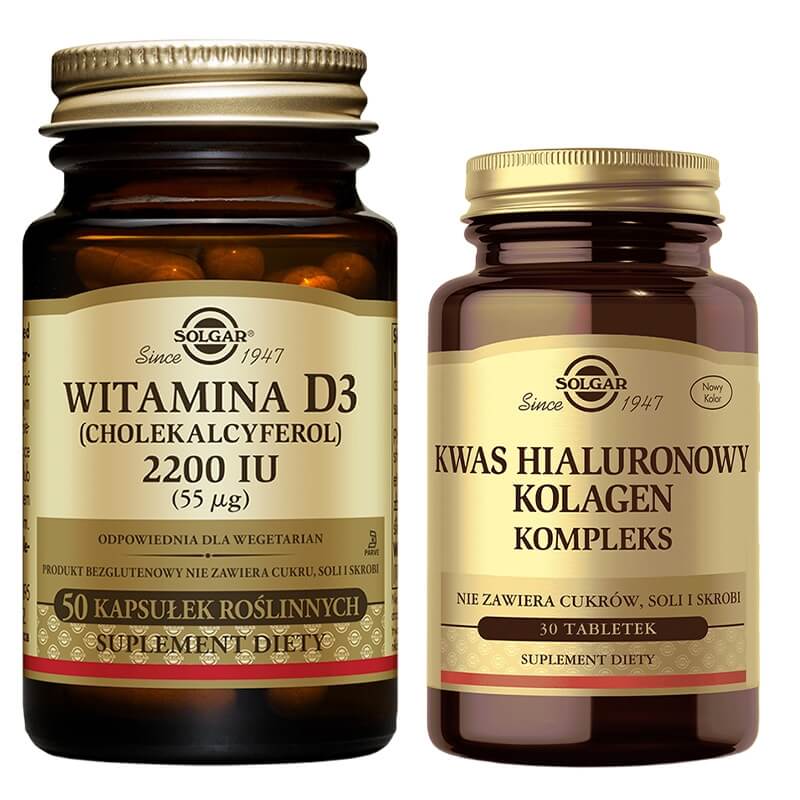 Solgar Jelitowa Flora Bakteryjna + Witamina D3 + Kwas Hialuronowy Kolagen ZESTAW Formuła probiotyczna 60 kapsułek + Witamina D3 50 kaps. + Kwas Hialuronowy Kolagen 30 tabletek