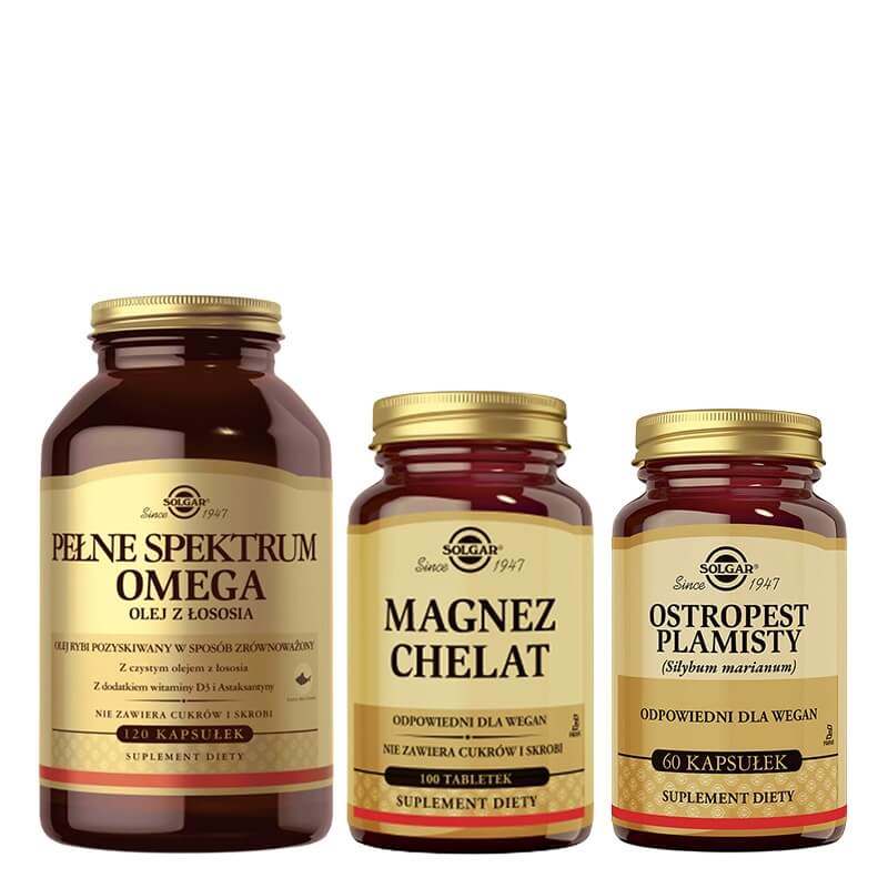 Solgar Ostropest Plamisty + Magnez Chelat + Pełne Spektrum Omega ZESTAW Milk Thistle 60 kapsułek + Suplement diety 100 tabletek + Olej z łososia 120 kapsułek
