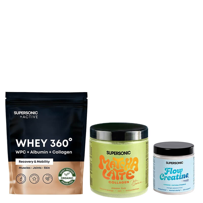 Supersonic WHEY 360° + Flow Creatine + Matcha Latte Collagen Marakuja ZESTAW Odżywka białkowa biała czekolada z malinami 500 g + Kreatyna liposomalna z żeń-szeniem (mango-marakuja) 150 g + Matcha latte 280 g