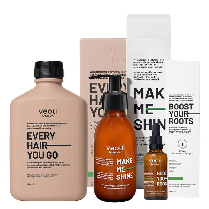 Veoli Botanica Shine Your Hair ZESTAW Wzmacniająco-odżywczy szampon 300 ml + Wygładzająco – nabłyszczająca maska 140 ml + Wcierka wodna 50 ml