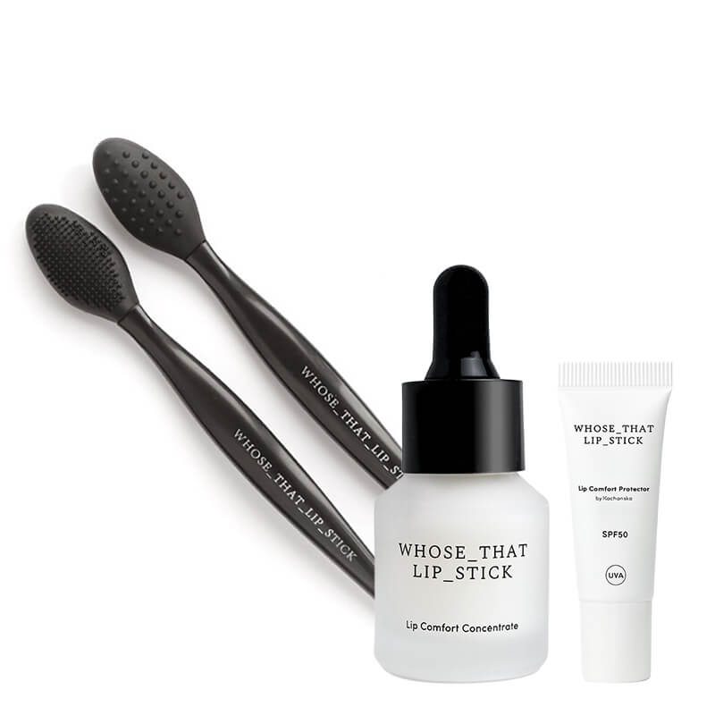 Whose That Lip Stick Protector + Concentrate + Massager ZESTAW Ochronny balsam do ust SPF 50 10 ml + Serum przeciwzmarszczkowe do ust i konturu ust 13 ml + Dwustronny masażer do ust 1 szt