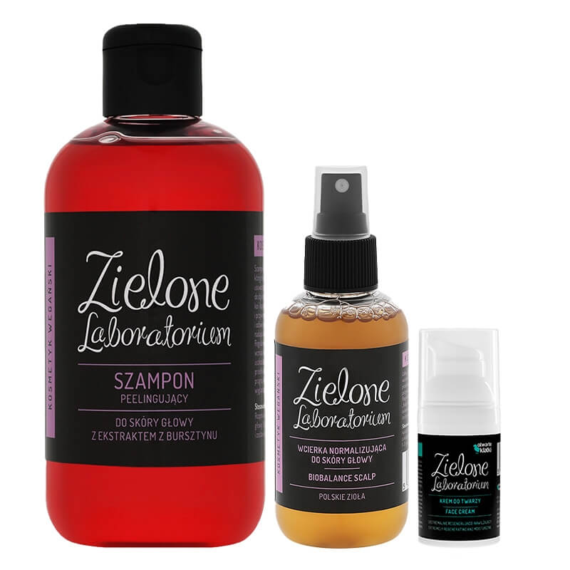Zielone Laboratorium BioBalance Scalp + Szampon Peelingujący + Krem do Twarzy ZESTAW Wcierka normalizująca do skóry głowy 150 ml + Szampon peelingujący 250 ml + Krem regenerująco-nawilżający 30 ml
